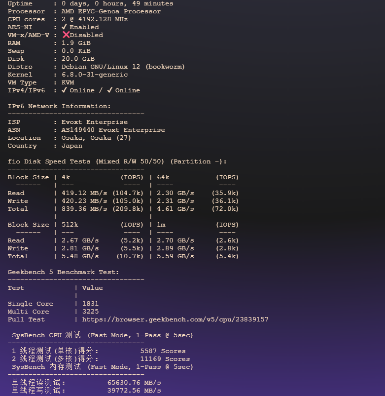 图片[1]-Evoxt：日本大阪VPS测评EPYC性能强劲、回程稳定、原生IP全解锁-VPS主机小镇