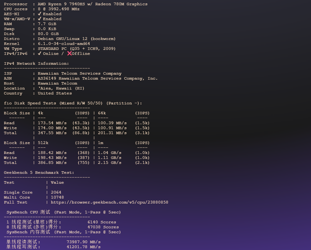 图片[2]-qq.pw：夏威夷高性能VPS测评｜Hawaiian Telcom原生家宽IP节点，Ryzen 9 7940HS八核强劲性能与跨太平洋网络延迟深度解析-VPS主机小镇